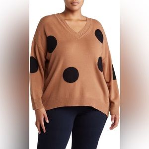 Devotion by Cyrus Polka Dot V-Neck Sweater 1X Almond/Black